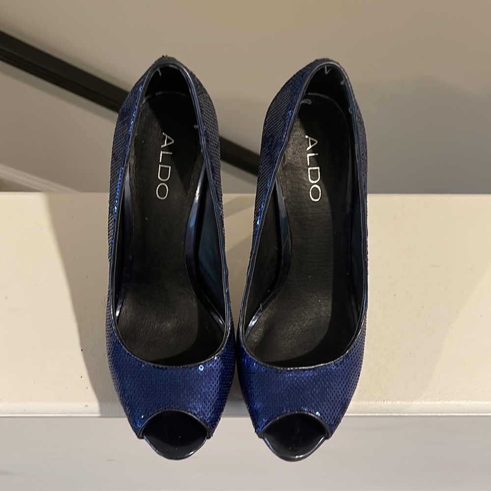 Aldo Midnight Blue Sequence Open Toe Pumps